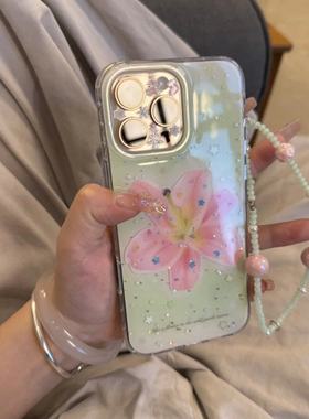 韩系ins风绿色星星百合花链条手机壳适用苹果16promax新款双层15pro全包14/13防摔14promax保护套16女款