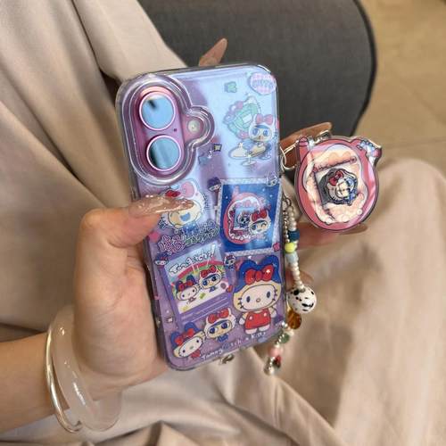 可爱kt猫拓麻歌子bb机透蓝链条支架手机壳适用苹果16promax新款双层15pro全包14/13防摔14promax保护套16女款