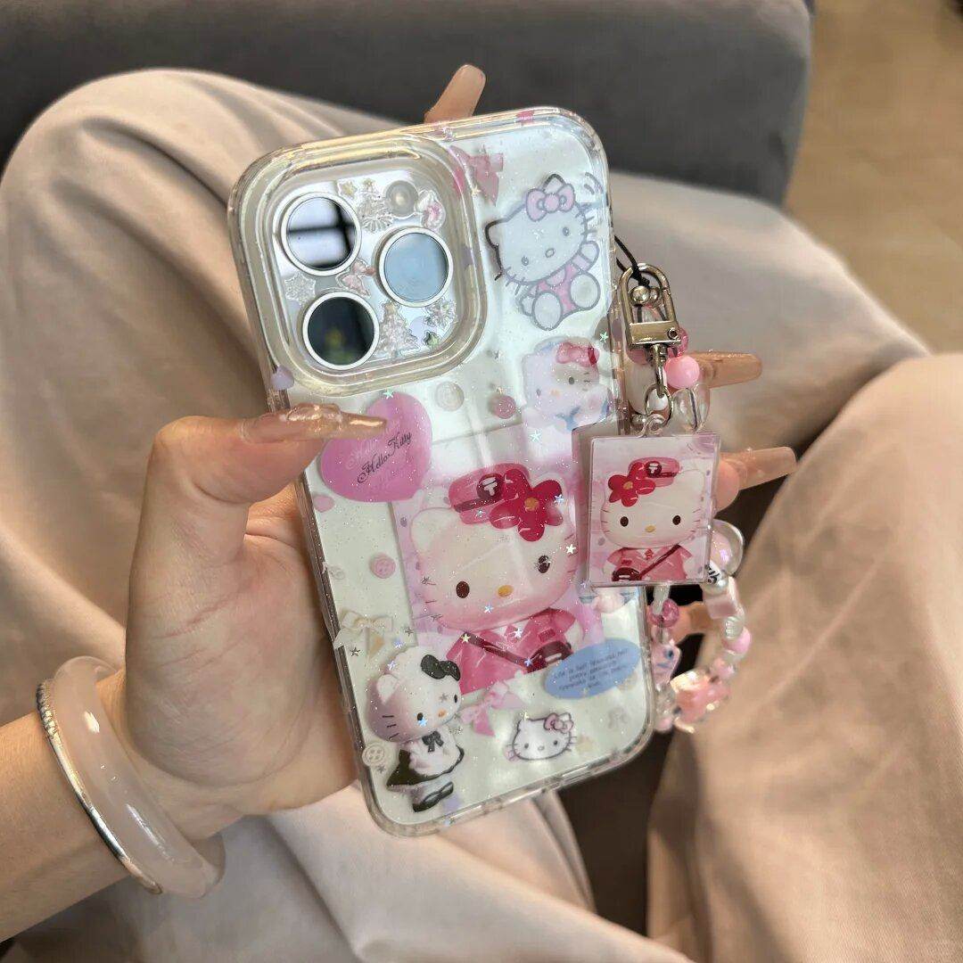 可爱闪粉半透制服kt猫手机壳适用于苹果16promax穿制服的k
