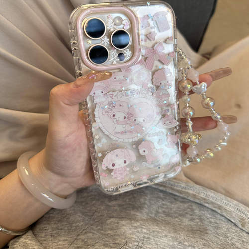 可爱粉色透明草莓羊和美乐蒂链条手机壳适用苹果16promax新款双层15pro全包14promax保护套14/13防摔16女款