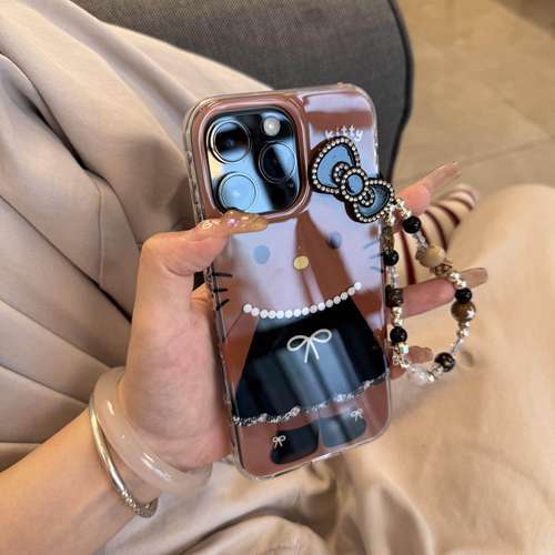 可爱啡色赫本风KT猫蝴蝶结链条手机壳适用苹果16promax新款双层15pro全包14promax保护套14/13防摔16女款