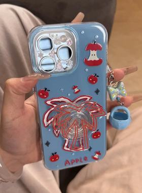 夏日限定蓝色椰子树红苹果椰树支架果篮吊坠手机壳适用于苹果16promax清凉椰子树15pro韩系ins风苹果14/13