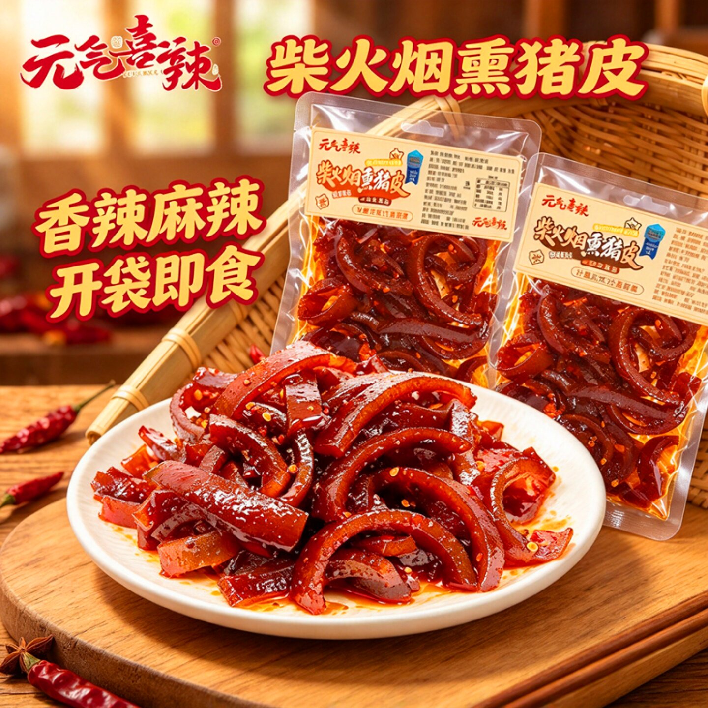 元气喜辣柴火烟熏卤猪皮即食