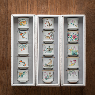 汝窑茶碗礼盒装家用送礼伴手礼大容量陶瓷白酒杯花茶杯果酒一口杯