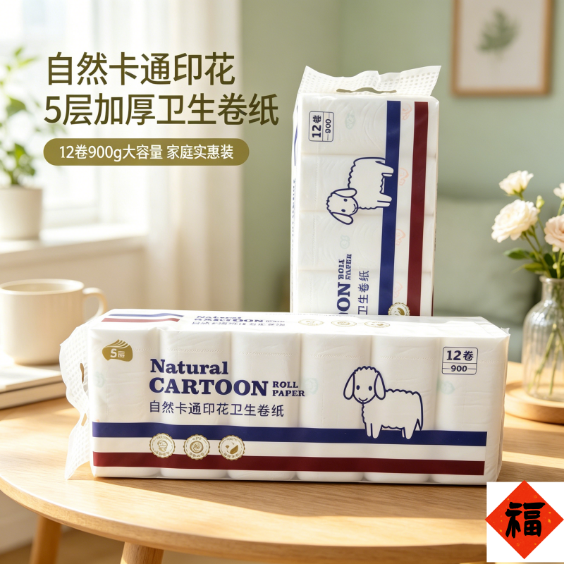 5层加厚卡通印花卫生卷纸12卷