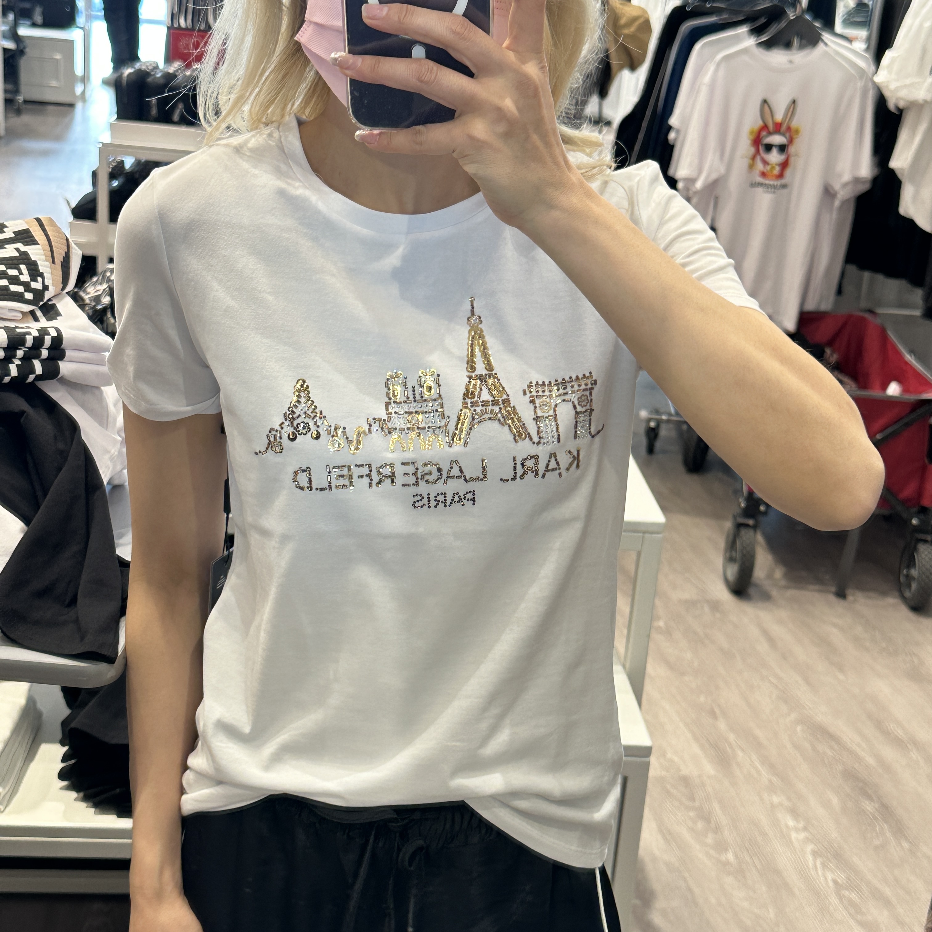 老佛爷KARL LAGERFELD夏季新款女士时尚钉珠铁塔休闲圆领短袖T恤