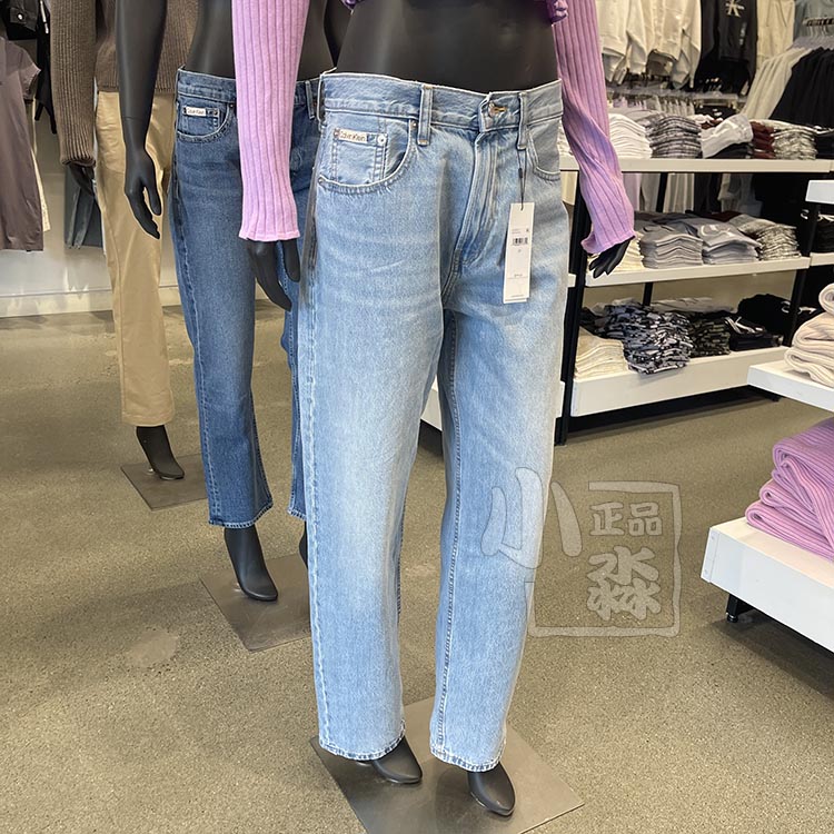 CK Calvin Klein23年女士舒适棉质高腰90复古直筒阔腿牛仔裤长裤