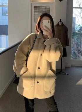 现货～韩国ethos翻领羊羔毛外套简约复古宽松单排扣皮毛一体上衣