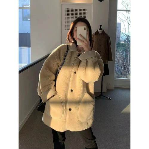 现货～韩国ethos翻领羊羔毛外套简约复古宽松单排扣皮毛一体上衣