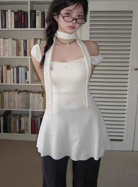 韩国modimood飘带围脖连衣裙甜美纯欲风一字领露肩泡泡袖迷你短裙