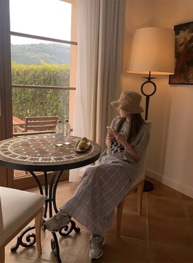 韩国代购lerobe格纹吊带长裙减龄小清新侧边系扣v领绑带连衣裙女