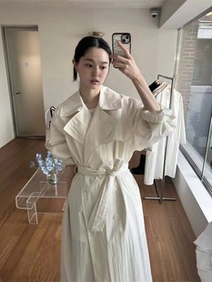 现货～韩国代购lfm翻领长款风衣外套宽松休闲双排扣薄款白色大衣