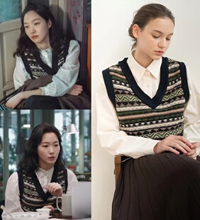 韩国代购urago 金高银同款v领提花马甲复古撞色针织羊毛无袖背心