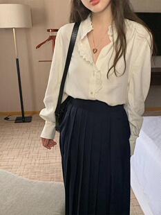 现货～韩国代购maybebaby花边领长袖衬衣甜美气质单排扣纯色上衣