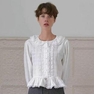 韩国viaplain花边领衬衫法式复古重工蕾丝拼接单排扣长袖短款衬衣