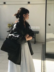 现货~韩国代购howus翻领皮衣外套秋季新款休闲宽松纯色拉链外套