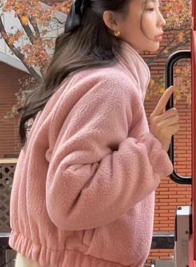 现货～韩国代购rumiru羊羔毛两面穿夹克减龄立领粉色短款外套女