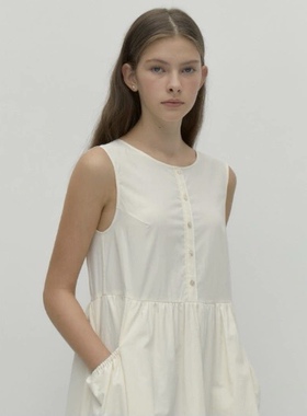 depound韩国代购圆领白色连衣裙减龄小清新纯色宽松无袖背心短裙