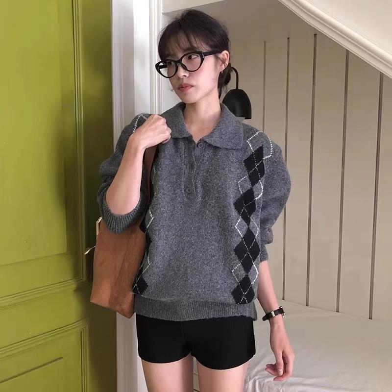frombeginning撞色菱格毛衣