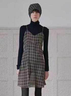 韩国viaplain格纹细吊带裙25新年新款气质复古风叠穿薄款连衣裙女