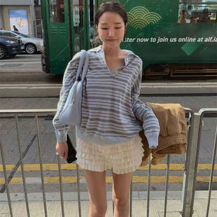 韩国maybebaby条纹长袖针织衫休闲复古经典款Polo领宽松套头毛衣