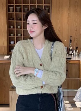 韩国代购modest mood麻花针织开衫简约慵懒软糯V领单排扣毛衣外套