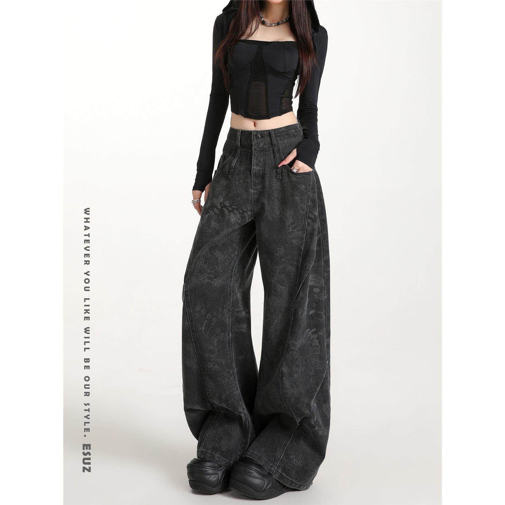 黑色印花工装牛仔裤女秋季新款小众设计感高腰宽松解构弯刀阔腿裤