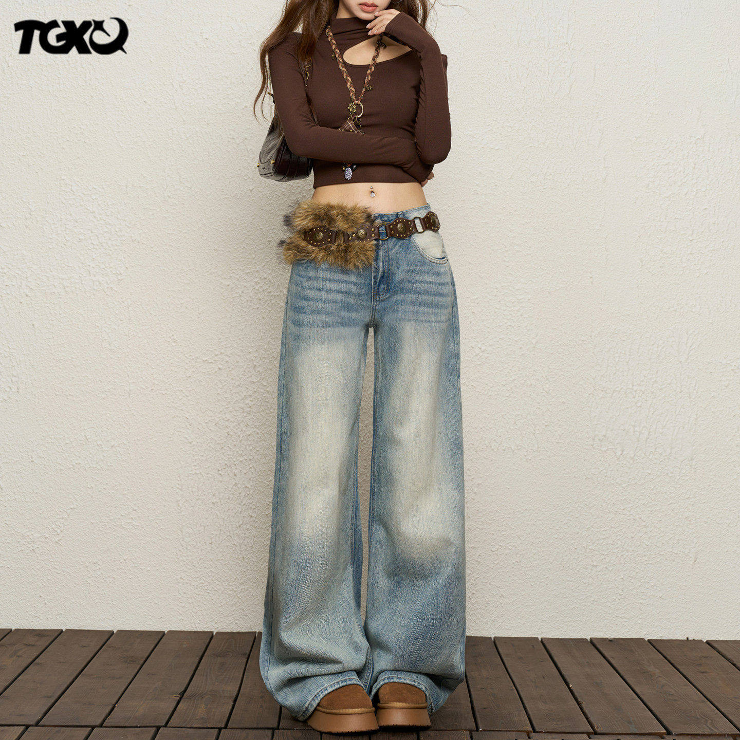 TGXQ浅蓝色牛仔裤女2026新款美式水洗竹节纹宽松拖地高腰阔腿裤子