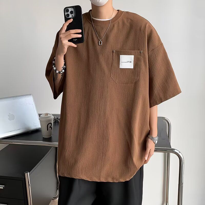 咖色冰丝垂坠感短袖t恤男夏季薄款高级感半袖oversize宽松7七分袖