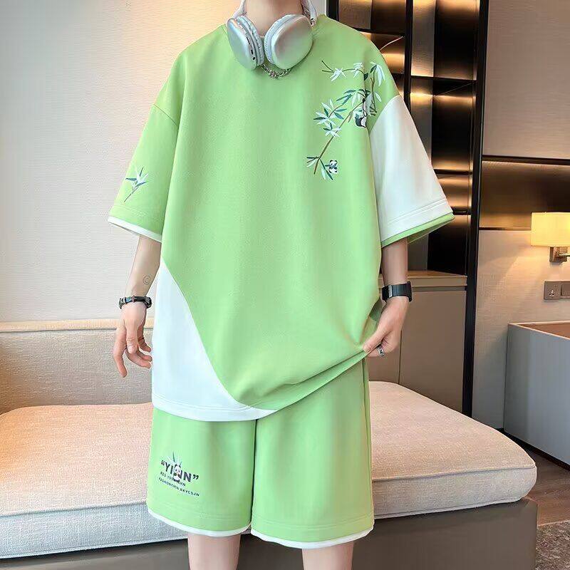 国潮休闲运动套装男夏季冰丝短袖短裤一套搭配帅气青少年体恤衣服