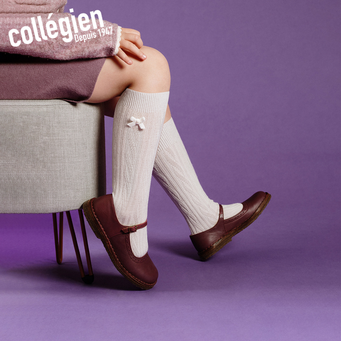 Collegien袜女童小腿袜2026新品美利奴羊毛蝴蝶结中筒袜宝宝袜子