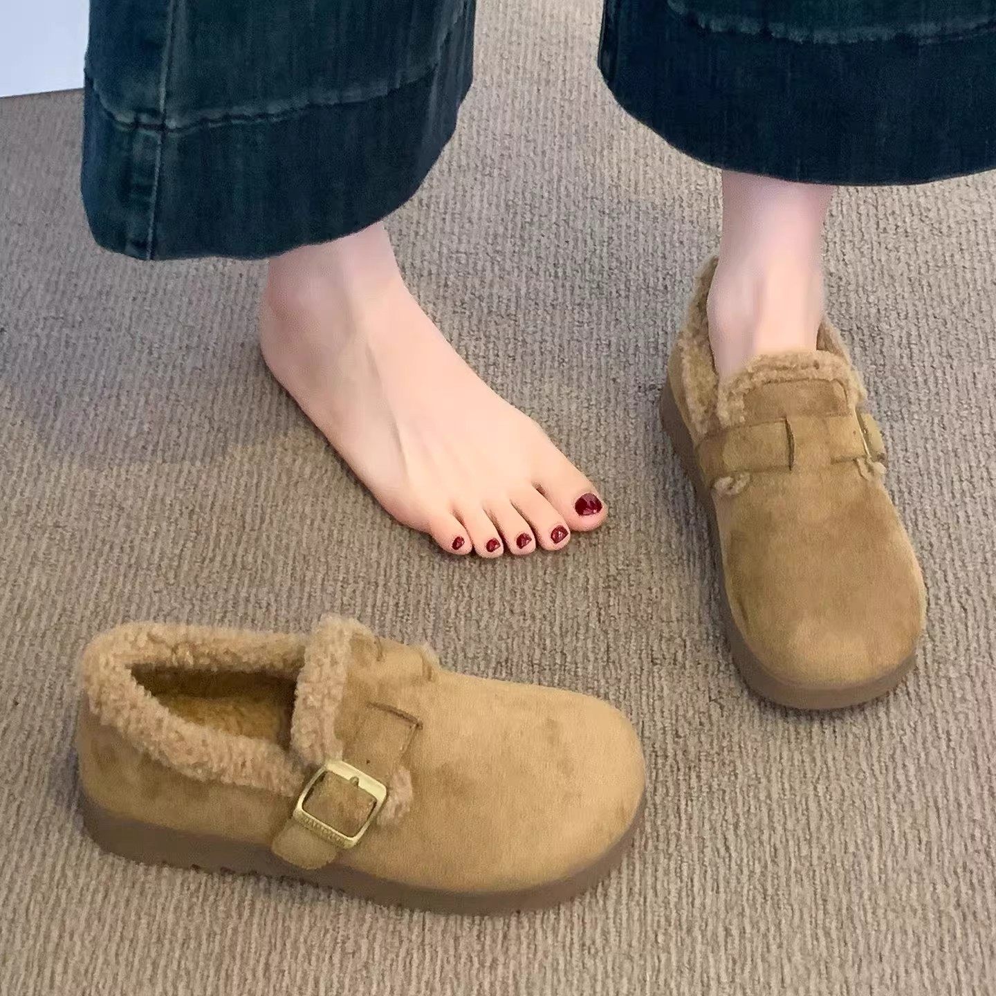 法国加绒勃肯鞋女新款冬季豆豆棉鞋子防滑保暖毛毛鞋一脚蹬雪地靴,女鞋,勃肯鞋/软木鞋,淘宝优惠券,粉丝福利购,淘宝优惠卷