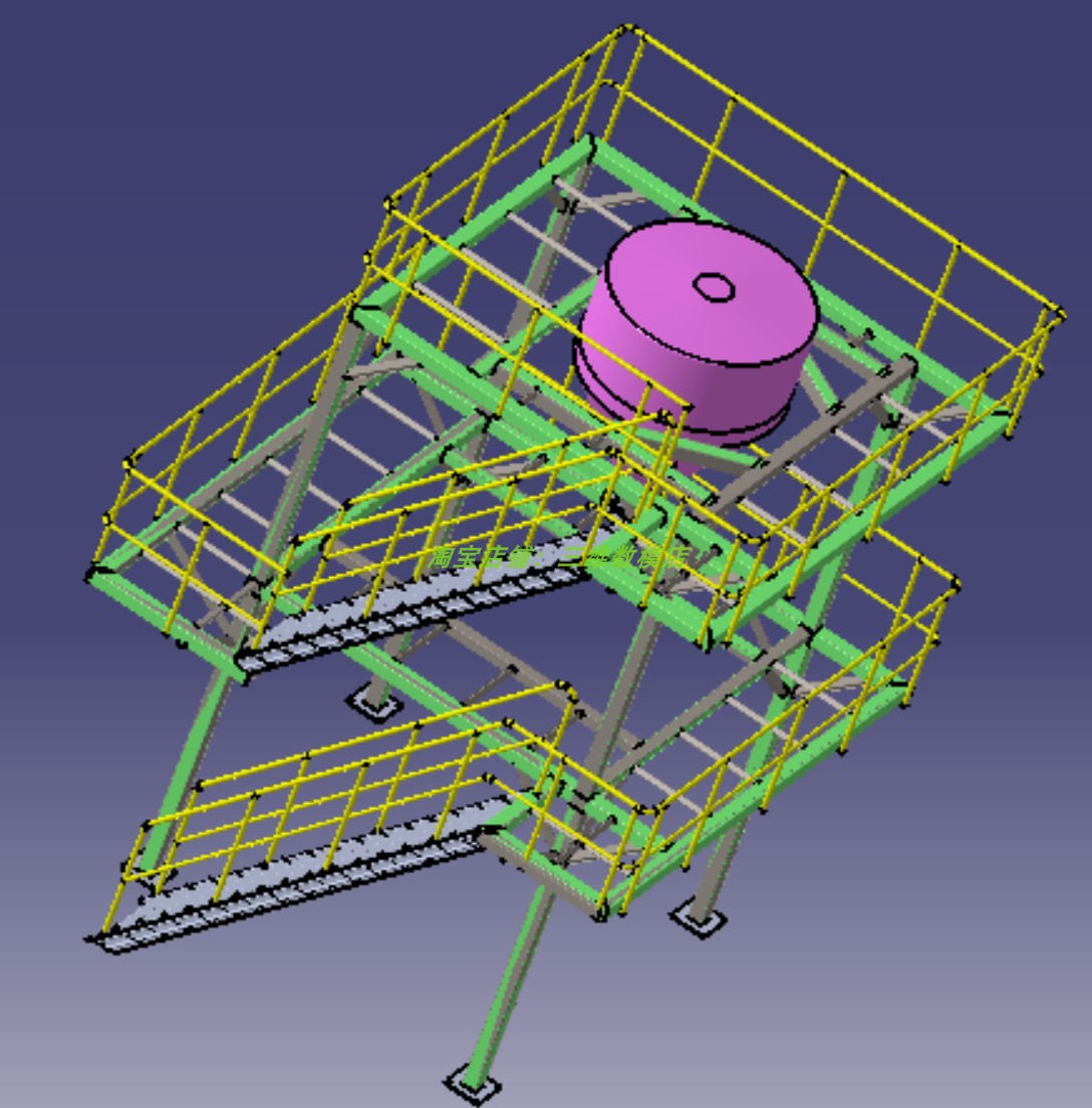 6.7米三层平台钢铁骨架楼梯3D三维几何数模型平板平台塔台stp格式