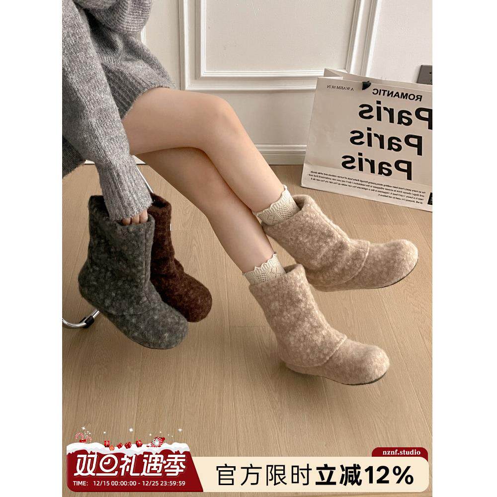 白色复古厚底内加绒雪地靴女款2025新款冬季保暖毛毛勃肯棉鞋