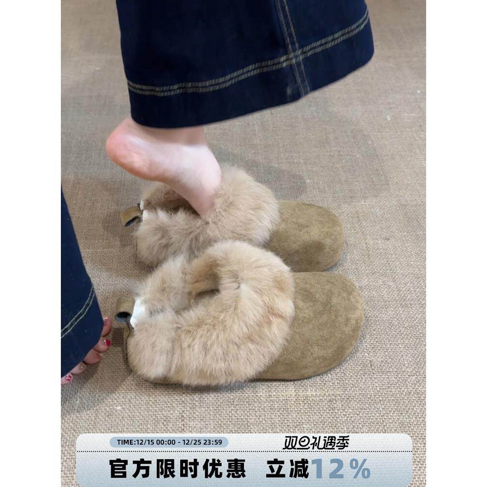 毛毛包头棉拖鞋女冬季新款2025厚底勃肯鞋加绒懒人雪地靴