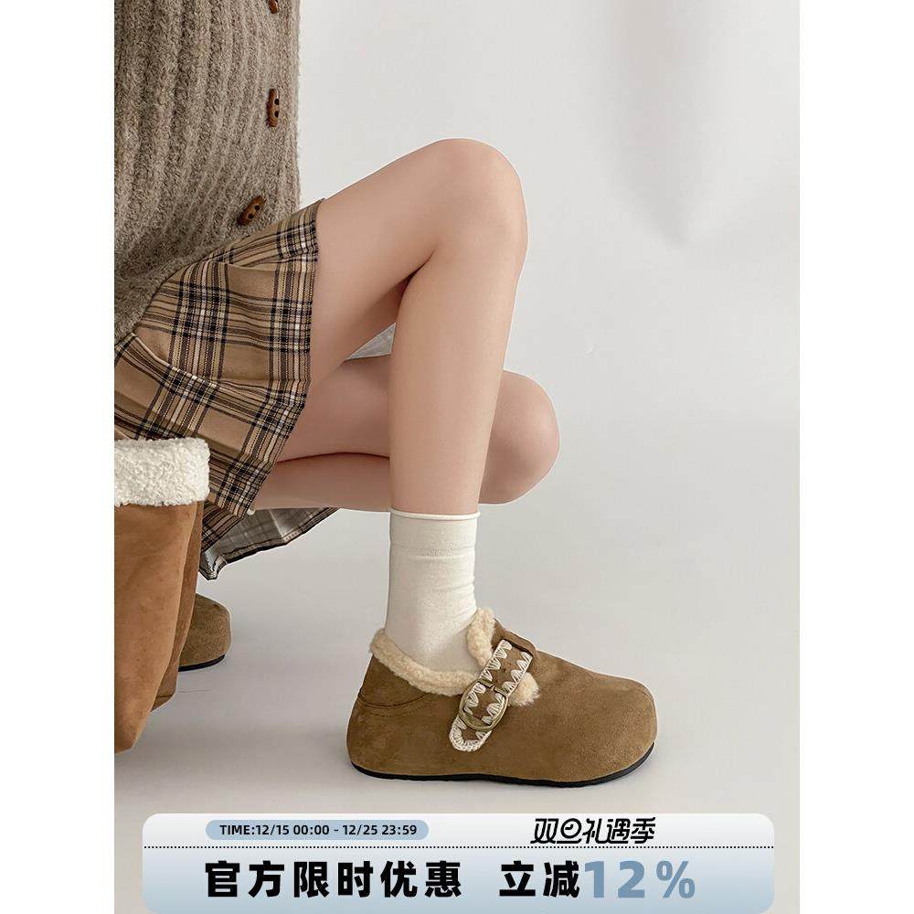 复古刺绣一字扣毛毛花边勃肯鞋女2025冬季新款雪地靴加绒保暖棉鞋,女鞋,勃肯鞋/软木鞋,淘宝优惠券,粉丝福利购,淘宝优惠卷