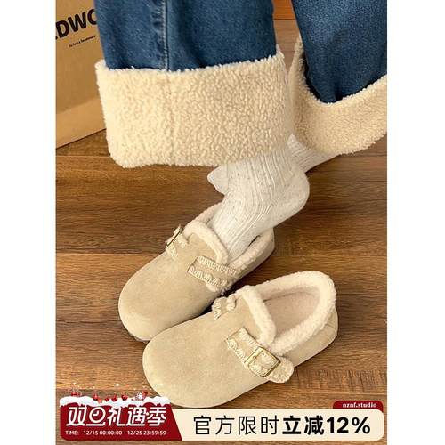 复古白色加绒加厚保暖平底棉鞋女2025新款冬季雪地靴软底勃肯鞋子