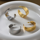 张悦儿马总同款 圆弧耳环女小众设计高级感夸张银色光面宽耳圈耳饰