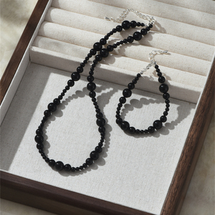 渐变珍珠黑玛瑙项链女欧美小众百搭气质大小串珠锁骨链手链套装