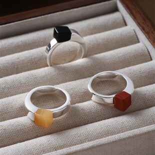 梯形红石黄玉黑玛瑙戒指女新中式轻奢小众设计高级感简约气质指环
