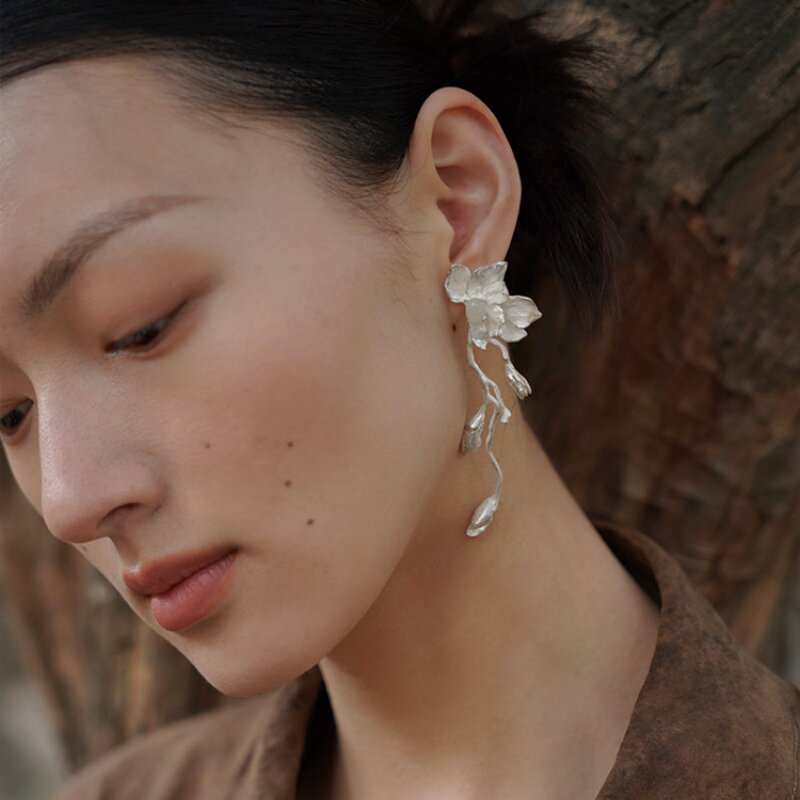 新中式长款玉兰花耳环女