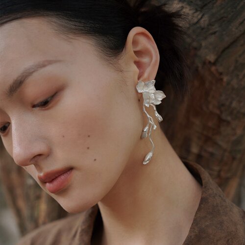 新中式长款玉兰花耳环女