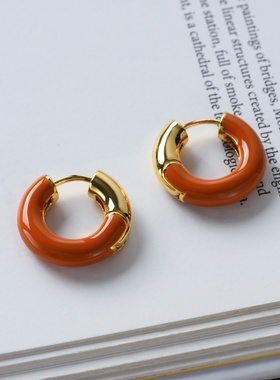 撞色珐琅素圈圆圈耳环女轻奢小众高级感拼色滴釉简约耳饰手镯套装