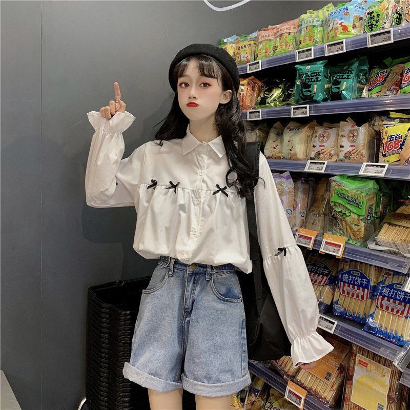 设计感长袖衬衫女宽松2025春装新款蝴蝶结学生衬衣百搭休闲上衣