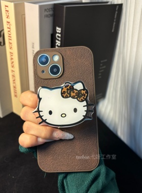 美拉德棕KT可爱豹纹KT猫咪支架韩ins适用OPPOReno14Pro手机壳K11X全包A5Pro新款硬Reno10月坑纹保护套A5