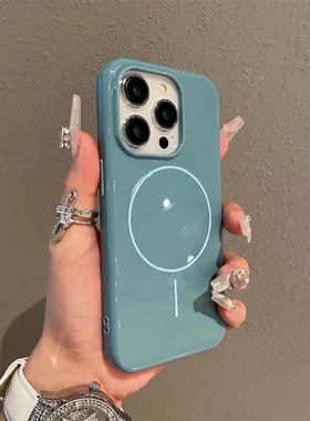 新款亮光磁吸适用于iPhone16pro手机壳波涛蓝15promax植绒14pro情侣ip15纯色13防摔12外壳14plus保护Magsafe