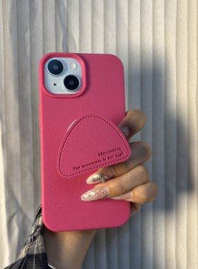 适用于苹果iPhone16Promax荔枝纹玫红手机壳三角支架iPhone15plus15Pro防摔1314plus简约1112