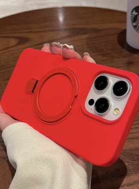 适用苹果16pro手机壳红色15promax液态硅胶磁吸支架新款13promax简约12pro软ip15情侣14/13全包防摔保护套