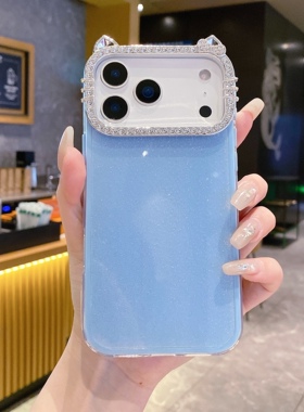 闪粉镶钻满天星猫耳朵适用于苹果17promax蓝色手机壳17Air高级感16promax保护套15pm全包15防摔14pro女款13