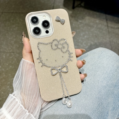 奢华闪粉蝴蝶结KT猫适用于16promax手机壳iPhone15浅棕色新款16保护套13女款14防摔15proins可爱14pro卡通